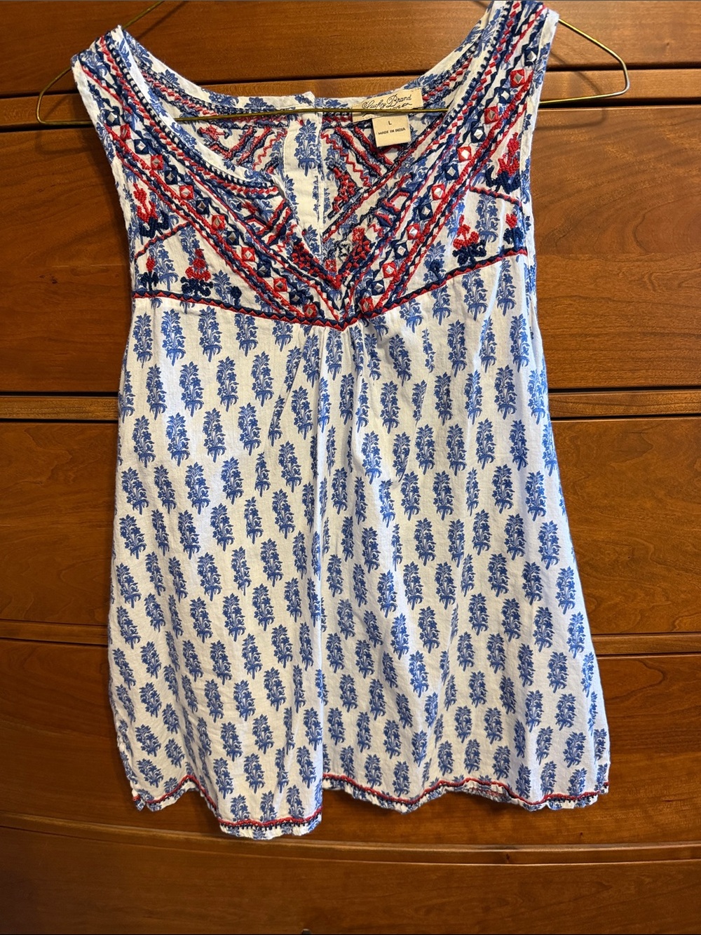 Lucky Brand White Tank Top with Blue Floral Print and Red Embroidery